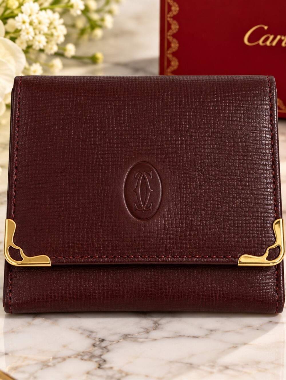 Cartier Burgundy Leather Coin Wallet Gold Corner Hardware Vintage Luxury